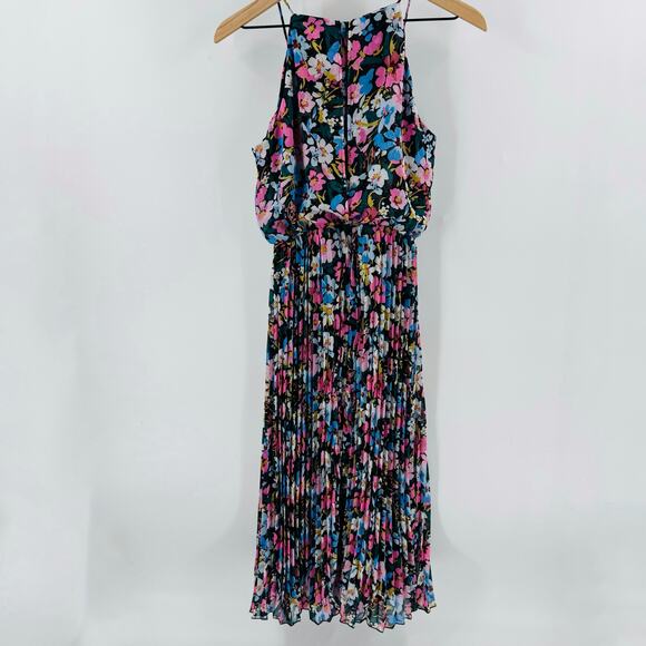 Sam Edelman Pleated Floral Midi Dress Halter Neck Black Multicolor Size 4 - Picture 2 of 10